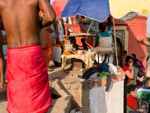 People gather at on the ghats of the Ganges River, Varanasi, India,2012